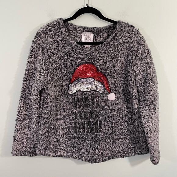 Mentally Exhausted Women's Grey Fuzzy Santa Sequins Pullover Size M - Picture 1 of 7